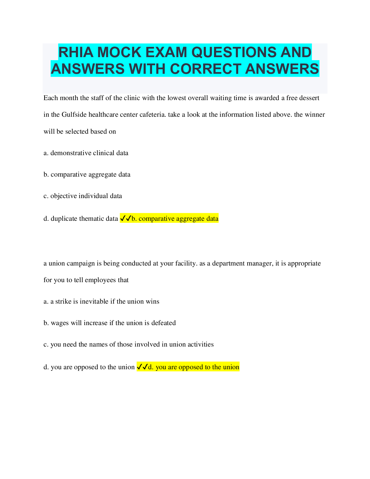 RHIA MOCK EXAM QUESTIONS AND ANSWERS WITH CORRECT ANSWERS Browsegrades